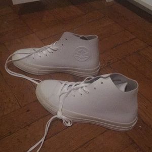 Brand new, all-white, high-top leather converse